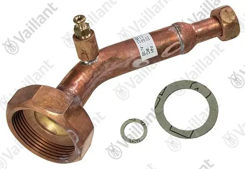 Kupferrohr von Vaillant mit einem Ausgang und einem Anschluss, dazu zwei Dichtungsringe. Das Bauteil dient in Heizungs- und Sanitäranlagen.